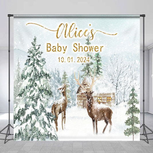 Lofaris Custom Name Winter Tree Deers Baby Shower Backdrop