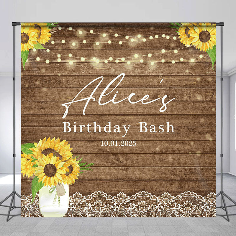 Lofaris Custom Name Wood Lace Sunflower Birthday Backdrop