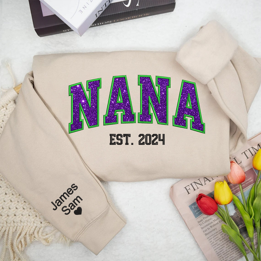 Lofaris Custom Nana Green Purple Glitter Embroidered Sweatshirt
