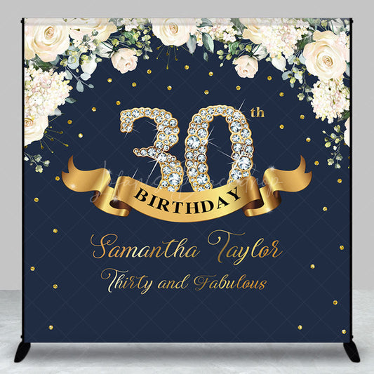Lofaris Custom Navy Blue Pink Floral 30th Birthday Backdrop