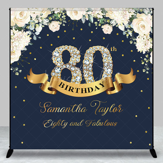Lofaris Custom Navy Blue Pink Floral 80th Birthday Backdrop