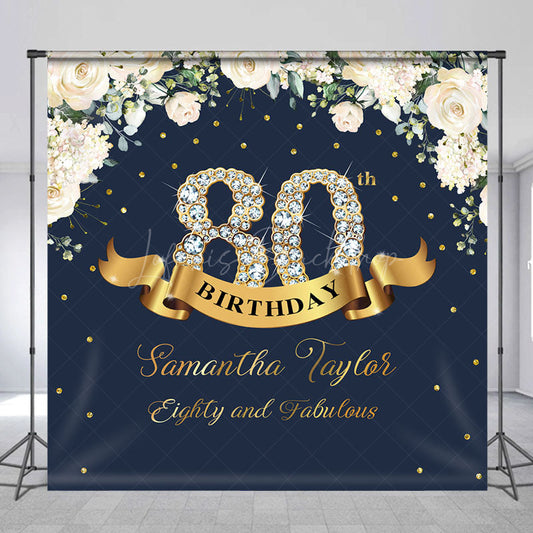 Lofaris Custom Navy Blue Pink Floral 80th Birthday Backdrop