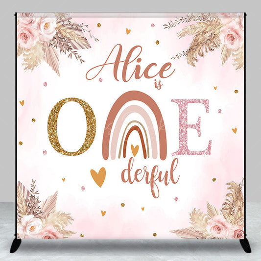 Lofaris Custom Onederful Pink Flowers Boho Rainbow Backdrop