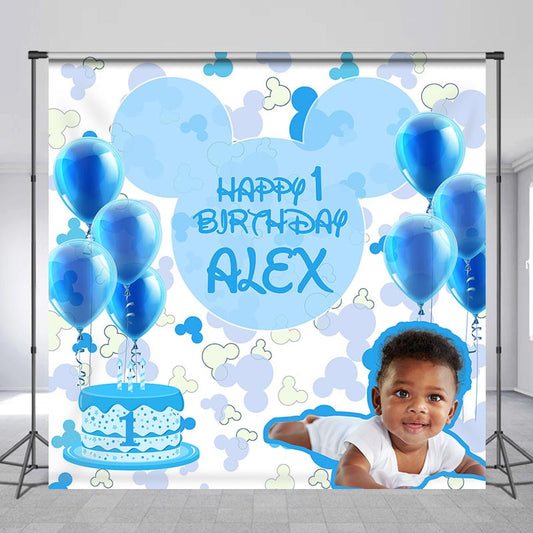 Lofaris Custom Photo Blue Mouse Happy 1st Birthday Backdrop