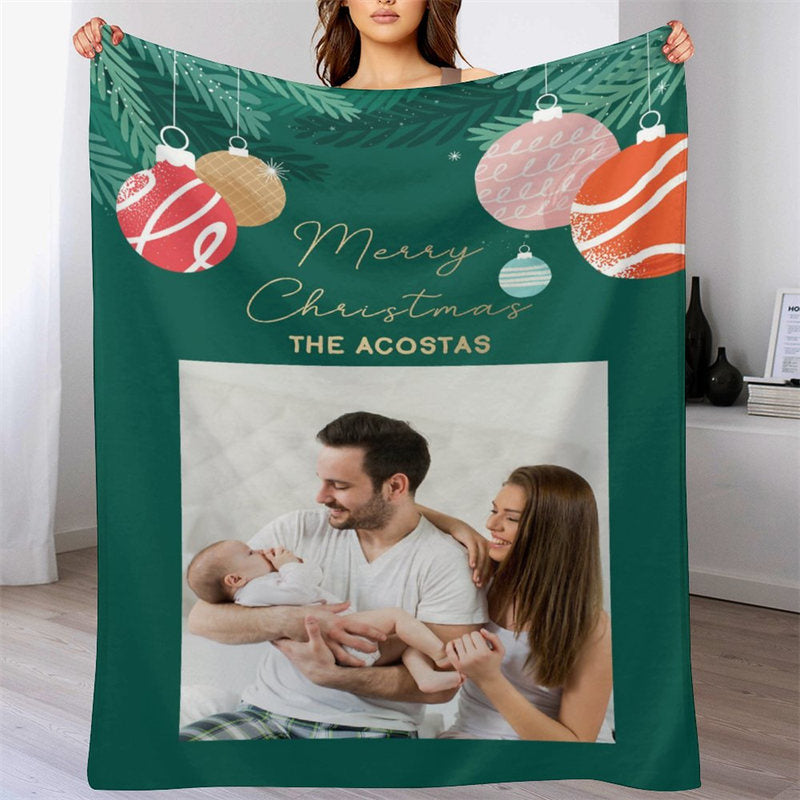Lofaris Custom Photo Green Bauble Family Christmas Blanket