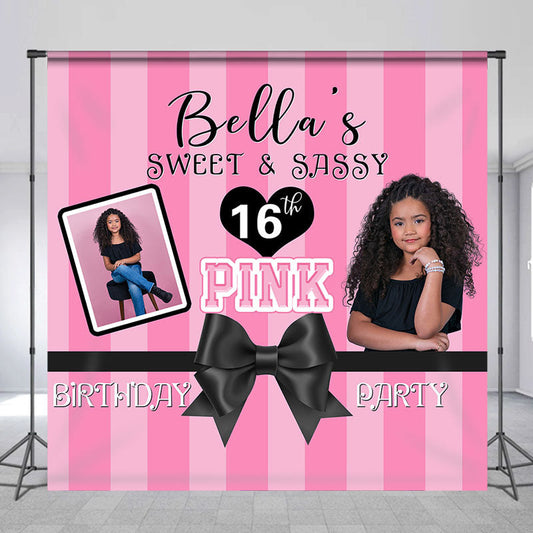 Lofaris Custom Photo Pink Stripes Sweet 16 Birthday Backdrop
