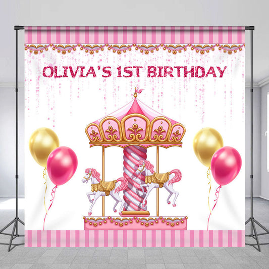 Lofaris Custom Pink Carousel Balloon 1st Birthday Backdrop