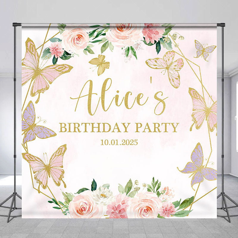 Lofaris Custom Pink Floral Butterflies Birthday Backdrop