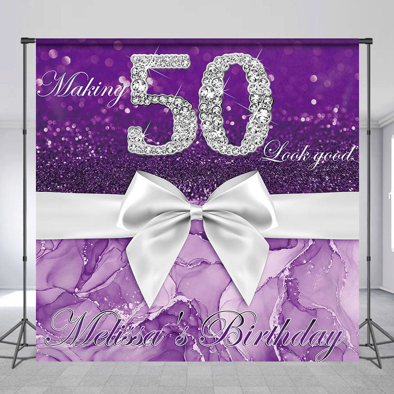 Lofaris Custom Purple Glitter Diamond 50th Birthday Backdrop