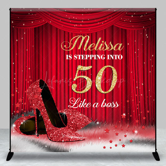 Lofaris Custom Red Curtain High Heel 50th Birthday Backdrop