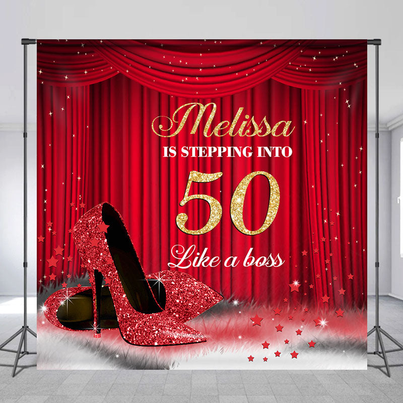 Lofaris Custom Red Curtain High Heel 50th Birthday Backdrop