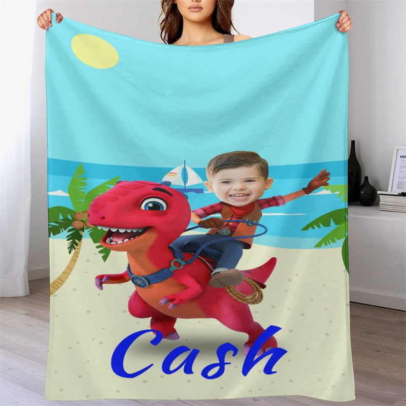 Lofaris Custom Red Dinosaur Boy Seaside Blanket With Face