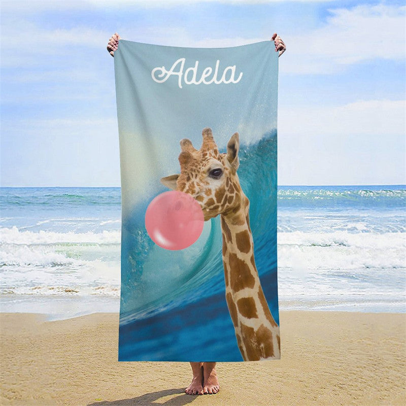 Lofaris Custom Sea Waves Sky Bubble Gum Giraffe Beach towel