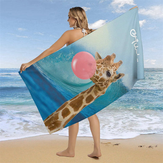 Lofaris Custom Sea Waves Sky Bubble Gum Giraffe Beach towel