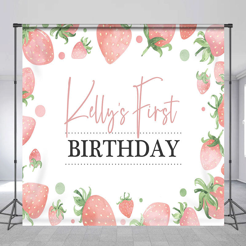 Lofaris Custom White Pink Strawberry 1st Birthday Backdrop
