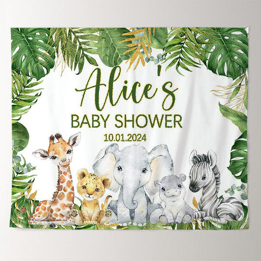 Lofaris Custom Wild Animal Green Leaves Baby Shower Backdrop