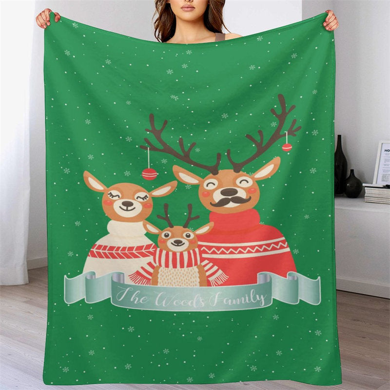 Lofaris Customize Elk Family Snowy Green Blanket With Name