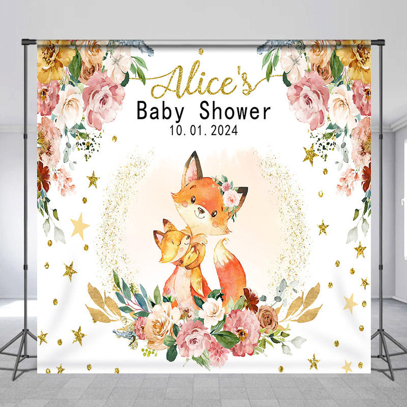 Lofaris Customized Name Floral Fox Baby Shower Backdrop