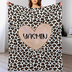 Lofaris Customized Name Heart Brown Leopard Pattern Blanket