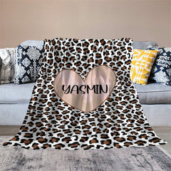 Lofaris Customized Name Heart Brown Leopard Pattern Blanket
