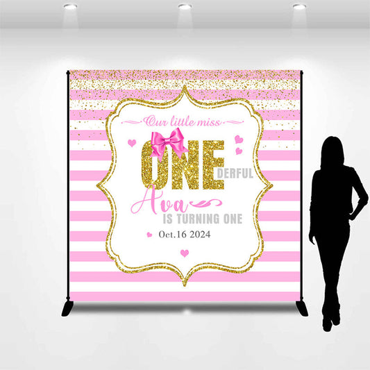 Lofaris Customized Name Pink Stripes 1st Birthday Backdrop