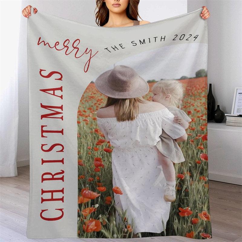 Lofaris Customized Photo Gray Family 2024 Christmas Blanket