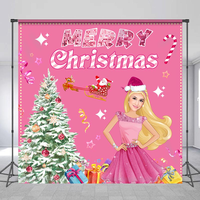 Lofaris Customized Photo Xmas Tree Pink Christmas Backdrop