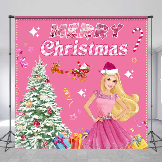 Lofaris Customized Photo Xmas Tree Pink Christmas Backdrop