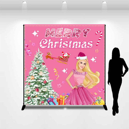 Lofaris Customized Photo Xmas Tree Pink Christmas Backdrop