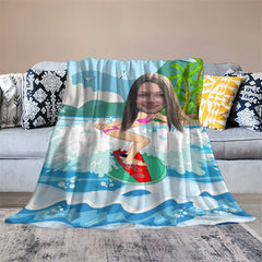 Lofaris Customized Surfing Girl Coastal Beach Palm Blanket
