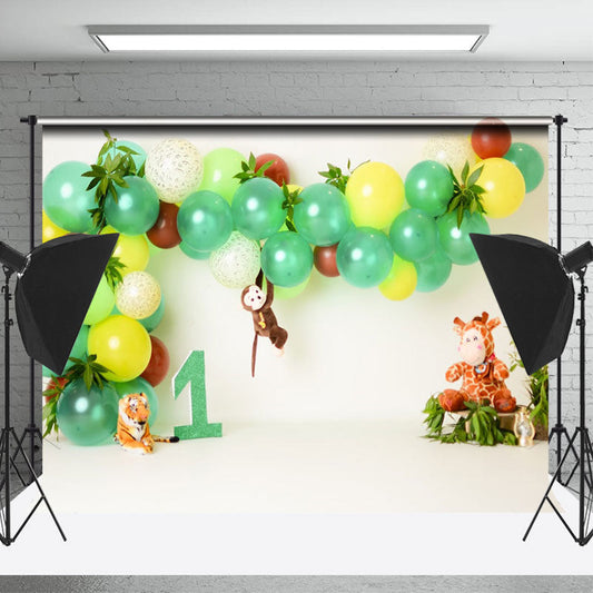 Lofaris Cute Animal Dolls Beige 1st Birthday Portrait Backdrop