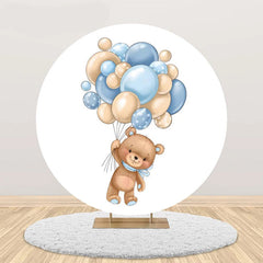 Lofaris Cute Bear Beige Blue Balloon Round Birthday Backdrop