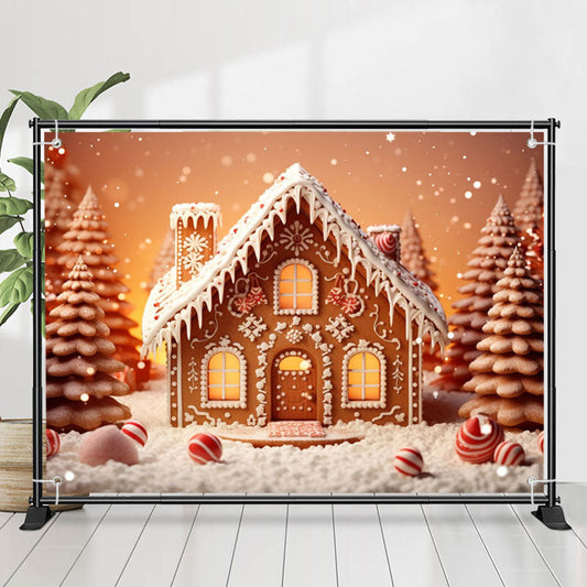 Lofaris Cute Biscuit House And Xmas Trees Christmas Backdrop