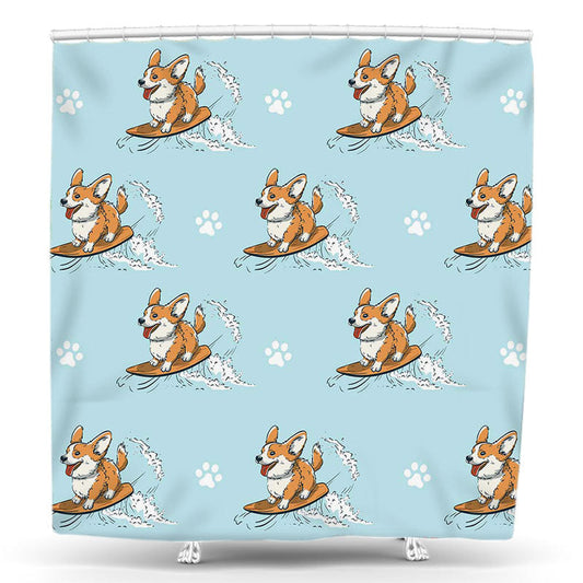 Lofaris Cute Brown Dog White Pow Print Cyan Shower Curtain