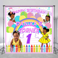 Lofaris Cute Cartoon Girl Crayon Custom 1st Birthday Backdrop