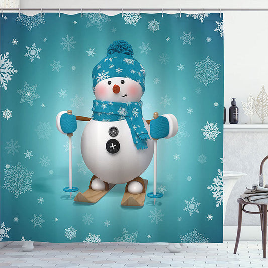 Lofaris Cute Cartoon Snowman Blue Christmas Shower Curtain