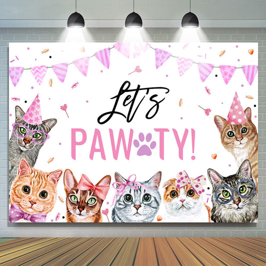 Lofaris Cute Cats Lets Paw-ty Pink Flags Party Backgdrop