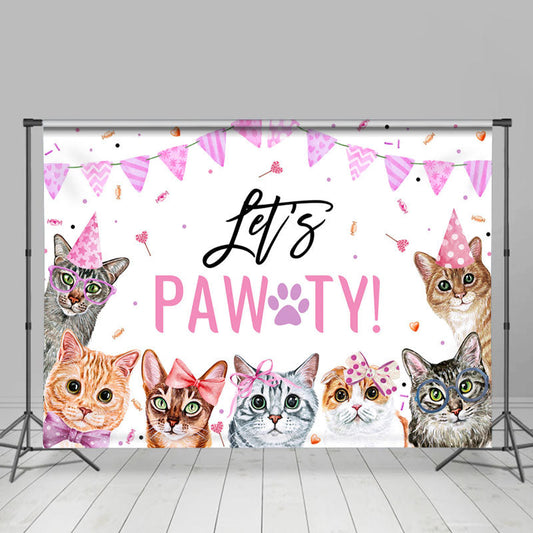 Lofaris Cute Cats Lets Paw-ty Pink Flags Party Backgdrop