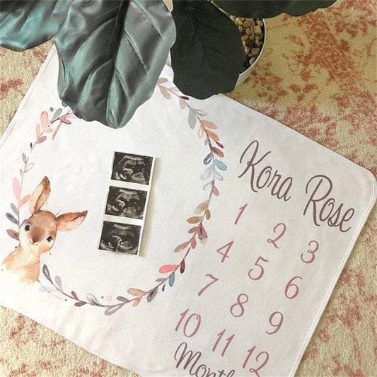 Lofaris Cute Deer Wreath Custom Baby Blanket With Name Month