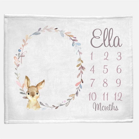 Lofaris Cute Deer Wreath Custom Baby Blanket With Name Month