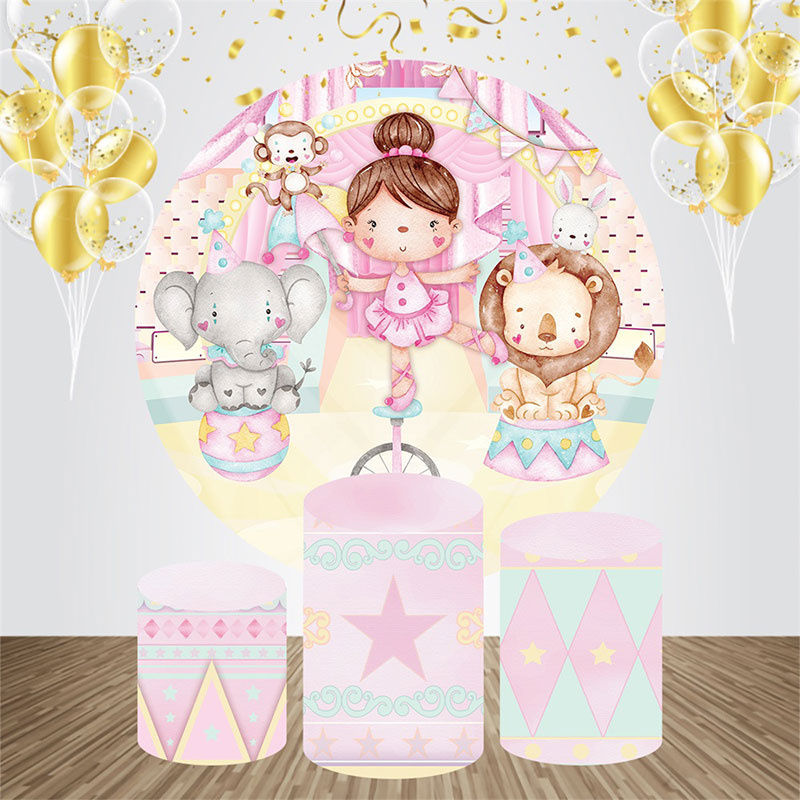 Lofaris Cute Girl Animal Pink Round Baby Shower Backdrop Kit