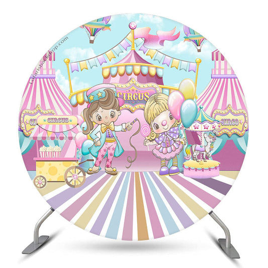 Lofaris Cute Girls And Balloons Round Circus Birthday Backdrop Kit