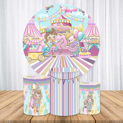 Lofaris Cute Girls And Balloons Round Circus Birthday Backdrop Kit