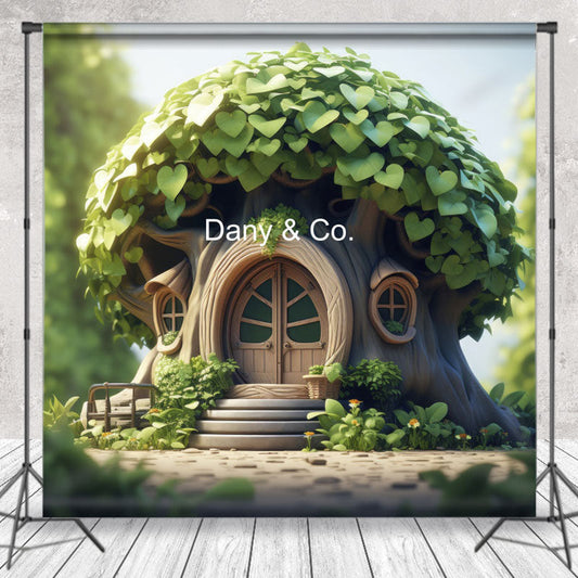 Lofaris Cute Green Leaves Wooden House Spring Photo Backdrop