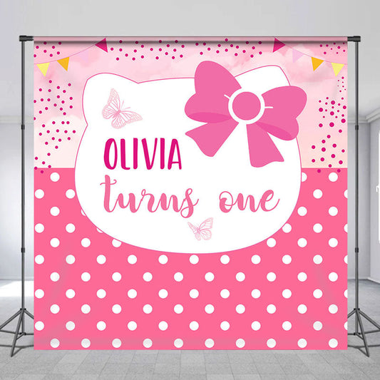Lofaris Cute Pink Bowknot Cat Custom 1st Birthday Backdrop