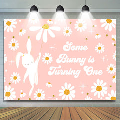 Lofaris Cute Pink Bunny Flowers Happy 1st Birthday Backdrop