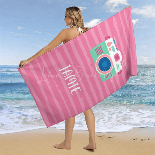 Lofaris Cute Pink Camera Custom Name Beach Towel For Girls