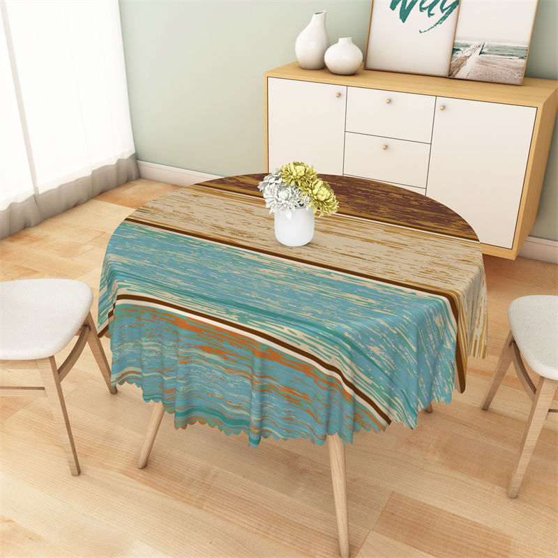 Lofaris Cyan And Brown Oil Painting Wood Round Tablecloth