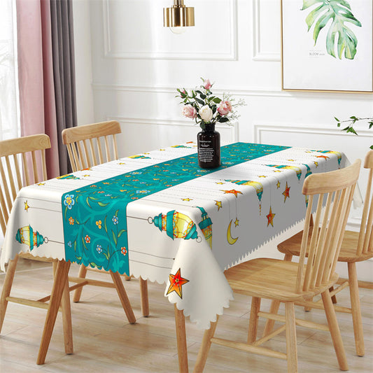 Lofaris Cyan And White Light Star Moon Rectangle Tablecloth