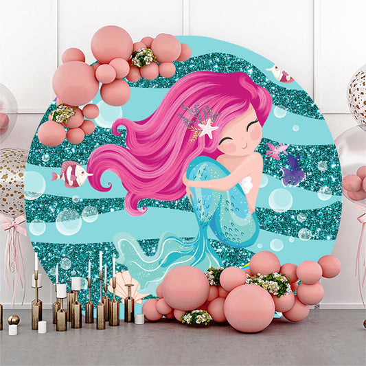 Lofaris Cyan Glitter Mermaid Round Birthday Party Backdrop Kit